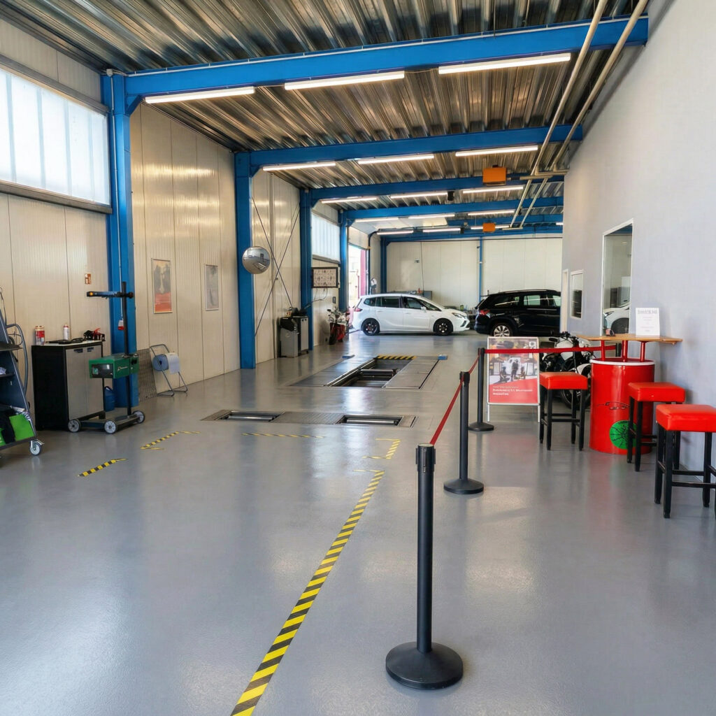 Prüfhalle mit Hebebühne der Prüfstelle Sprockhövel